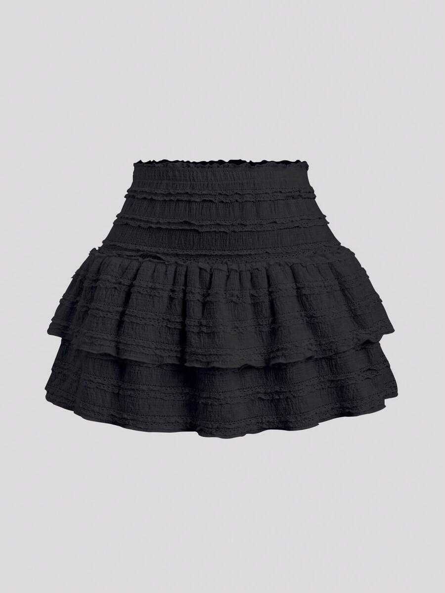 Sweetra Tall Falda de volantes de múltiples capas dulce, de cintura alta para mujeres altas, para primavera/verano - Negro - Ver 1