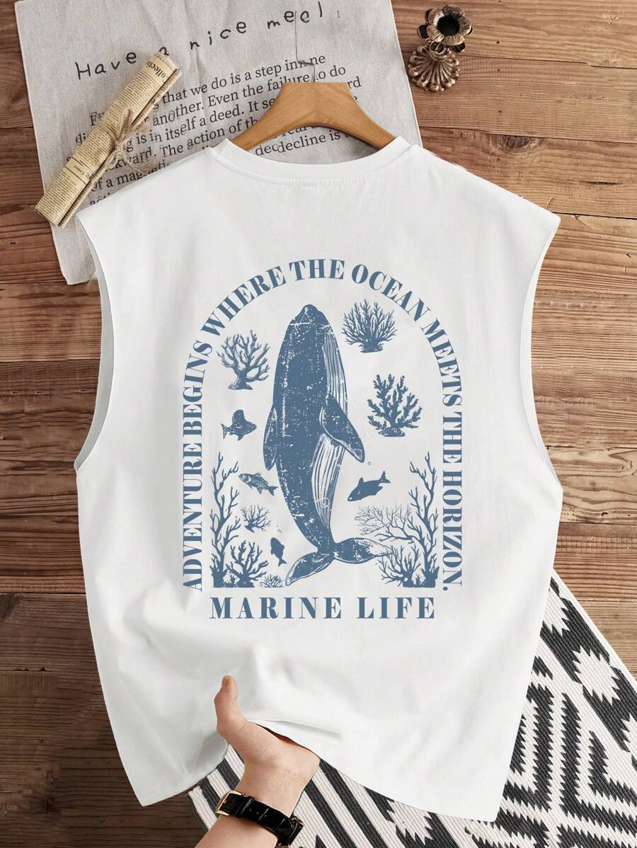 Claim Dot Standard Size Men's Whale Printed Top, Suitable For Summer Sleeveless Graphic Tee Whale Shirt - White - View 1