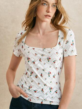 Écloséra 优雅法式复古方领短袖针织镂空提花多色印花修身女式T恤，春夏