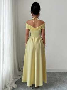 Modelyn 女士黄色细肩带露背 3D 花卉装饰连衣裙 - 黃色 - 查看 2