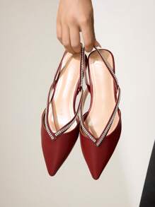 CUCCOO HITCHD White Crystals Strappy Pointed Toe Flat Ballet Shoes, Elegant Commute Casual Holiday Party Valentine's Date Wedding