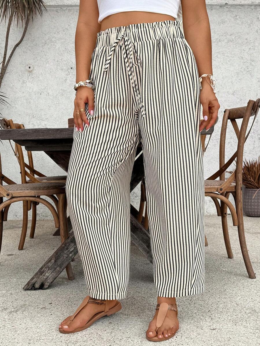 SHEIN VCAY Plus Size Women Loose Casual Striped Pants With Tie Waist And Ruffle Hem - Black and White - View 1