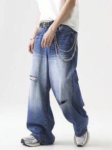 Chillumni Lässige, gerade, locker sitzende Jeans mit Used-Look und Taschen für Herren, vielseitiges, Baggy-Jeans-Design für Männer - Mittele Waschung - Übersicht 3
