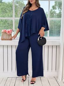 SHEIN Clasi 大码优雅纯色蕾丝拼接不对称下摆衬衫和裤子两件套 - 藏蓝色 - 查看 6