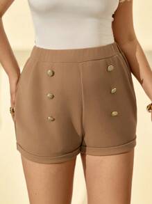 Auralis Plus Size Women Elegant Khaki High Waist Shorts,Summer Everyday Casual Comfortable Metal Buckle Slim Curve Shorts,Office Wear Business Party Bottom - Khaki - View 3