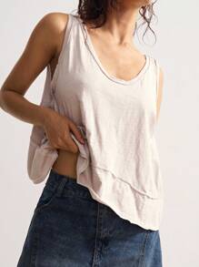 Bohemela Women's Solid Knitted V-Neck Asymmetrical Hem Tank Top Cotton - Beige - View 7