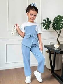 SHEIN 2pcs/Set Young Girl Knitted Colorblock Blouse And Woven Long Pants Set - Blue - View 2