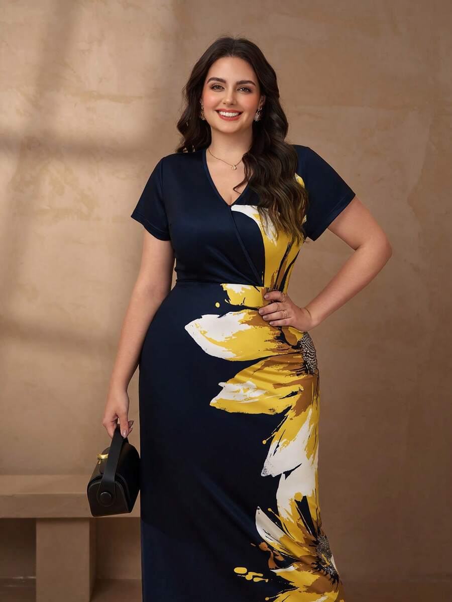 Chikora 大码女式V领修身印花连衣裙，女式教师装，女式机场装，女式生日礼服，生日连衣裙，度假连衣裙，女式骄傲主题服装，女式骄傲主题服装，女式度假装 - 黑色 - 查看 1