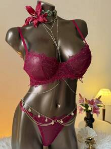 Aloruh Women Lace Patchwork Bra And Panty Sexy Lingerie Set - Burgundy - View 6