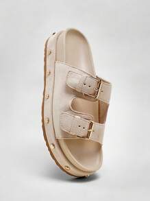 Solezae 仿麂皮雙扣帶鎖定灰褐色平底涼鞋 - 灰色 - 查看 4