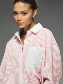 MISSGUIDED Koszula w paski z długim rękawem i guzikami w rozmiarze oversize, Boyfriend, do biura, do pracy, na co dzień, kolekcja jesień/zima - Słodki róż - Zobacz 3