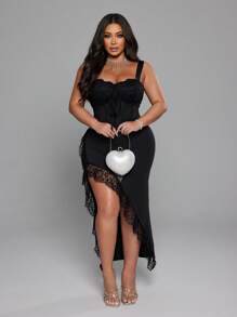 NU&NOW Plus Size Women Solid Color Lace Patchwork Sexy Elegant Slit Bodycon Cami Dress - Black - View 4