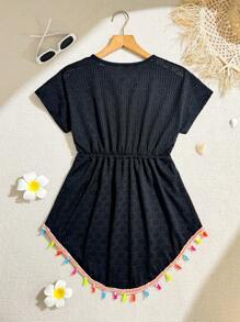 SHEIN Tween Girl V-Neck Batwing Short Sleeve Romper Swimsuit Cover Up Bathing Suit Cover Up Beach Cover Up Beach Clothes Tassel Cover Up - Black - View 2