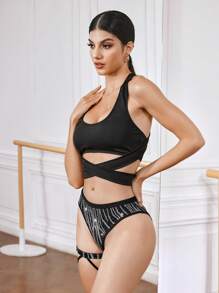 Menodora SHEIN Sport 女士纯色露背吊带运动文胸 - 黑色 - 查看 4