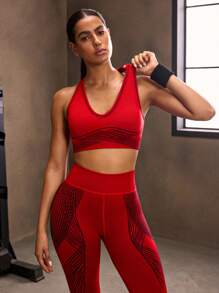 Powerista 女士撞色条纹吊带运动文胸 - 紅色 - 查看 4