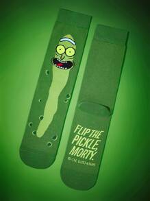 Rick and Morty X SHEIN 3 双男士柔软透气吸湿排汗中筒袜，加固脚趾和脚跟，经久耐用，适合所有季节，黑绿色男女通用 - 彩色 - 查看 10