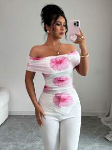 Elenzga オフショルダー ルーシュ フィッティングTシャツ、夏のファッション - ピンク - チェックする 1