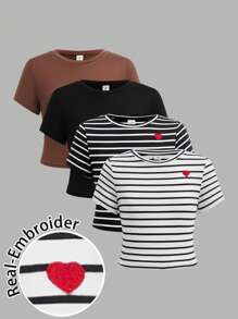 SHEIN Girlism 4 件套 Tween 女童休闲基本款修身圆领红心刺绣舒适弹力条纹纯色针织 T 恤，黑白条纹