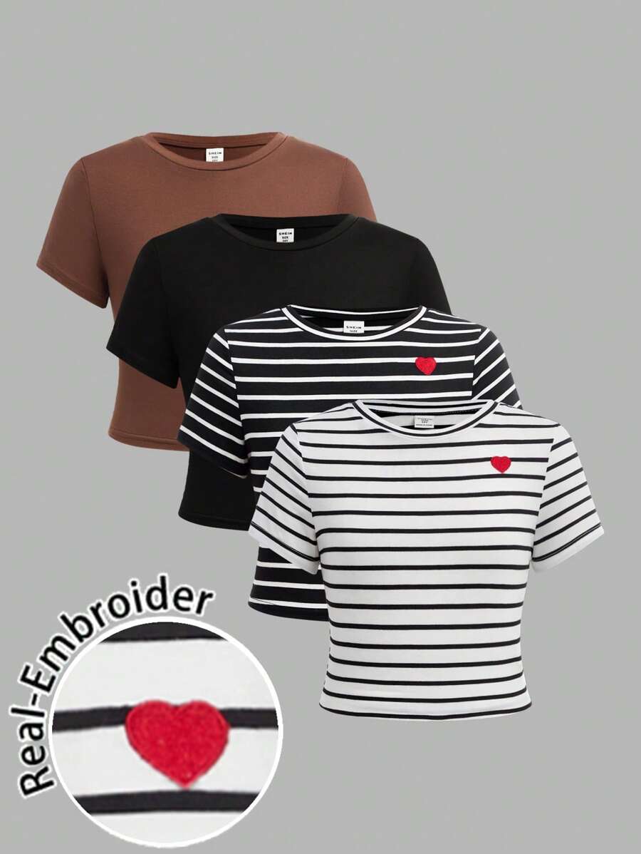 SHEIN Girlism 4 件套 Tween 女童休闲基本款修身圆领红心刺绣舒适弹力条纹纯色针织 T 恤，黑白条纹