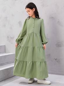 SHEIN Tween Girl Lotus Leaf Collar Texture A-Line Long Dress With Long Sleeves