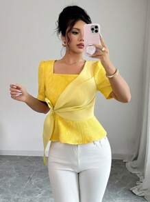 Elenzga Blusa veraniega elegante y exquisita con cintura ajustable de jacquard para mujeres - Amarillo - Ver 5