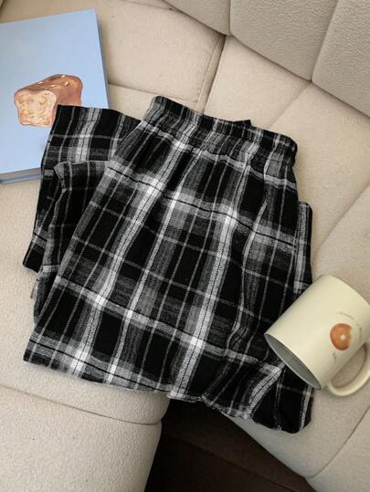 Dazy Plus Plusstorlek Dam Elastisk Midja Lös Pläd Pyjamas Mysiga Byxor, Höst & Vinter