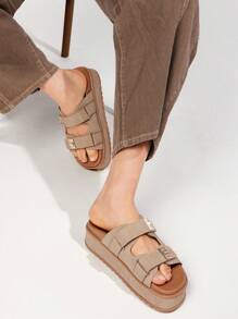 Solezae #LuxeEssentials Women's Golden Locker Double Strap Sleek Taupe Footbed Platform Slide Sandals – Chic, Casual & Ultra Comfortable Mother's Day Present - Beige - View 7