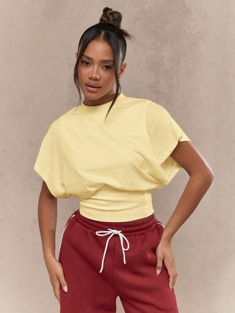 MISSGUIDED 여성 클래식 드롭 숄더 돌먼 슬리브 크롭 티셔츠 캐주얼 반팔 여름 봄 축제 라운지 티 골지 밑단 블라우스