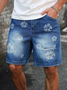 Manfinity Homme Shorts Denim Masculina Casual Lavada com Estampa Floral Desgastada