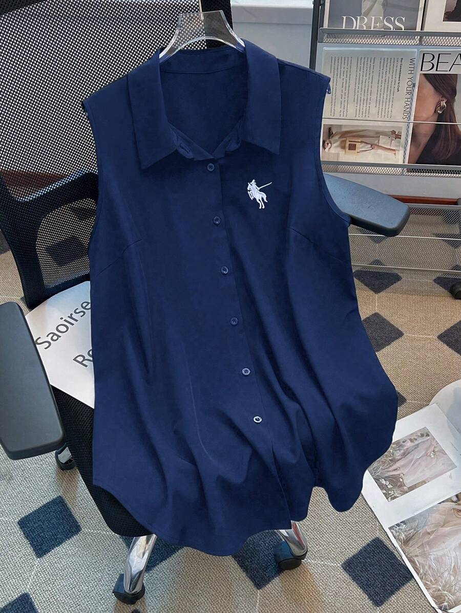 SHEIN LUNE Camisa holgada sin mangas con bordado de caballero para mujer talla grande - Azul Marino - Ver 1