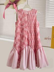 Tween Girl Fashion Elegant Sleeveless 3D Floral Mesh Splice Princess Party Dress - Pink - View 2