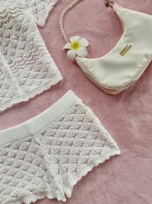 Sweetina 2件套女夏日度假外出沙滩可爱白色夏威夷白色纯色短袖镂空单排扣针织上衣和针织短裤钩针两件套服装 - 白色 - 查看 5