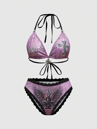 J-Fashion Set di reggiseno senza fili stile retrò Y2K con stampa sexy a croce e ali, con allacciatura anteriore, per donne