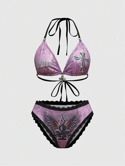 J-Fashion Y2K Retro Sexy Cross & Wing Print Tie-Up Front Wireless Bra Set For Women