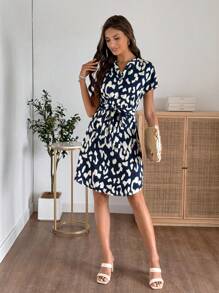 EMERY ROSE Women's V-Neck Batwing Sleeve Mid-Length Leopard Print Dress, Summer Teacher Outfits For Women Casual Dresses For Woman - Multicolor - View 3