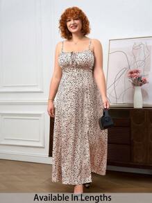 SHEIN Tall CURVE Plus Size Summer Vacation Ditsy Floral High Slit Spaghetti Strap Dress,Sundress - Apricot - View 1