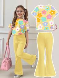 SHEIN 2pcs Set: Girl Casual Cartoon Pattern Round Neck Short Sleeve Top And Flared Pants Suit, Suitable For Summer