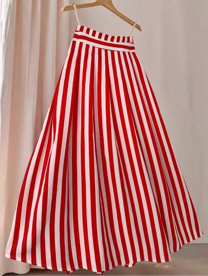 Rometta Plus Size Women's Elegant, Fashionable, Artistic, Versatile, Elegant Casual Skirt With Stripes, Suitable For Summer, Back To School, Graduation, Holidays, Valentine's Day, Music Festivals, Mother's Day, Halloween, Thanksgiving, Easter, National Day, Dances, Dates, Parties, Outings Fall Cloth For Women