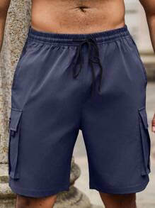 Manfinity Homme Plus Size Men's Casual Cargo Loose Drawstring Shorts, Summer - Dusty Blue - View 3