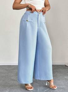 SHEIN PETITE Pantalones rectos de pierna ancha de tela texturizada para mujer de talla grande, aptos para uso diario, oficina, reuniones familiares, pantalones de mujer para otoño/invierno, pantalones de primavera, pantalones de mujer, Bottom, estilo casual minimalista, chic retro, elegancia romántica, Día de San Valentín, temporada de graduación