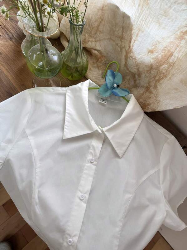 SHEIN Teen Girls' Casual Comfort Split Front Design Polo Collar Short Sleeve Shirt