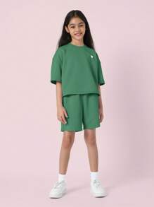 SUMWON 自爱心印花女孩穿搭套装青少年时尚休闲夏季街头服饰 - 綠色 - 查看 8