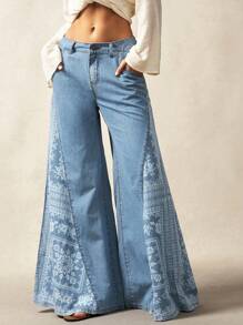 Bohemela 大码女式花卉印花口袋阔腿宽松休闲牛仔裤