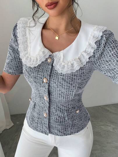 DAZY Women's Lace Collar Short Sleeve Fitted Blouse, Summer