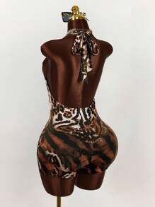 Amplova Combinaison sans manches vintage à imprimé tigre en tulle pour femmes