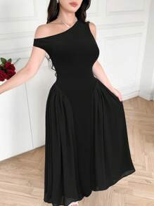 Modelyn 1 pieza Vestido formal de mujer elegante de color negro sólido con cuello asimétrico