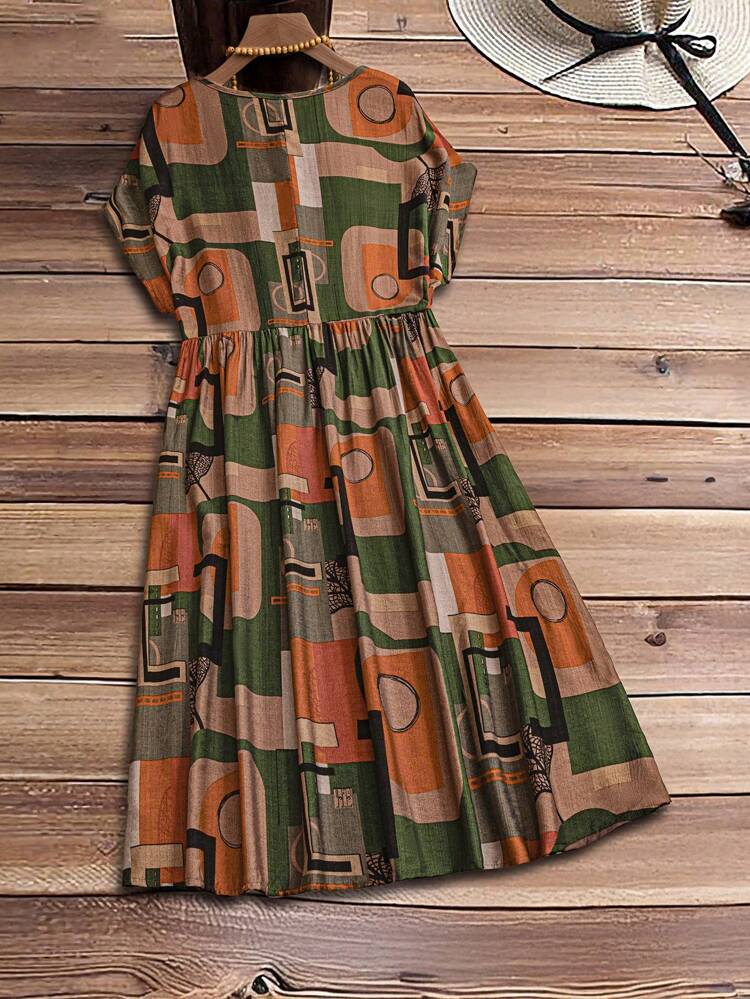 Plus Size Women Retro Style Round Neck Short Sleeve Dress,Spring/Summer/Vacation