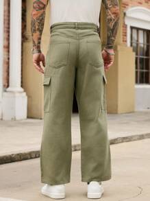 Manfinity Roughcore Men's Letter Patch Cargo Pockets Casual Wide Leg Denim Jeans - Army Green - View 4