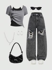 大码女童休闲做旧褪色印花宽松阔腿牛仔裤，时尚复古街头服饰