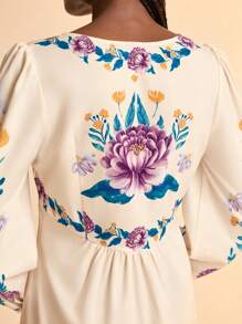 CAJUNI Robe de plage casual à manches longues bouffantes, avec imprimé floral tropical bohème, avec lien à la poitrine, pour vacances